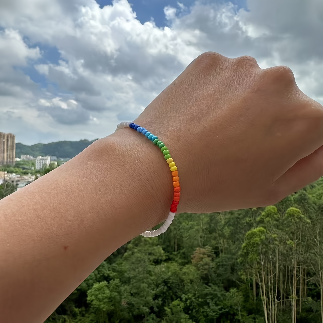 2pcs Rainbow Beaded Stretch Bracelets Colorful Boho Elastic Bangle Set